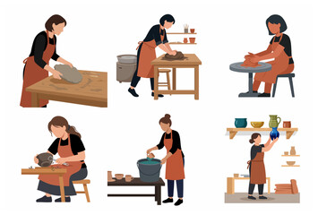 Fototapeta premium Set of flat vector illustrations of women potters working in a ceramics studio, including kneading clay, wheel throwing, glazing, and organizing finished pottery.
