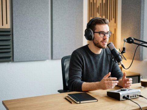 Young Caucasian Male Podcaster with Glasses and Headphones Speaking into a Professional Microphone in a Modern Sound Recording Studio with Grey and Wood Acoustic Wall Panels.