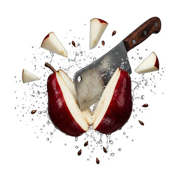 Sharp knife cutting red apple with flying pieces isolated on white.