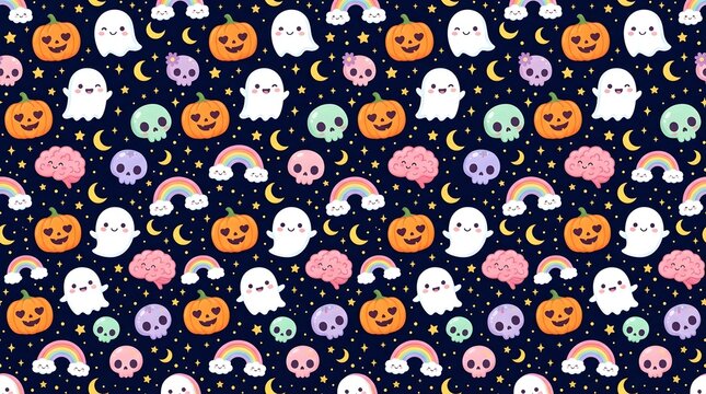 Seamless halloween pattern with cute ghosts pumpkins and skulls