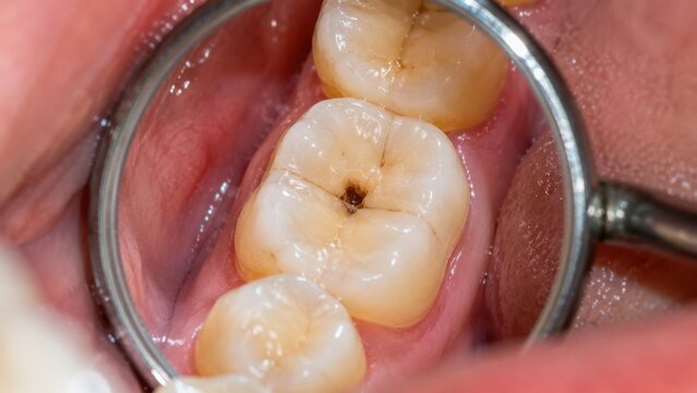 Dental examination mirror reflecting molar tooth cavity requiring filling treatment by dentist clinic.