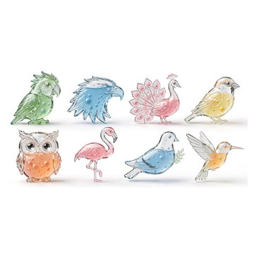 3D glassmorphism bird icons set parrot eagle peacock sparrow owl flamingo dove hummingbird
