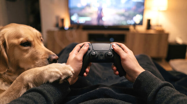 Golden Retriever Putting Paw on Owner's Arm While Playing Video Games