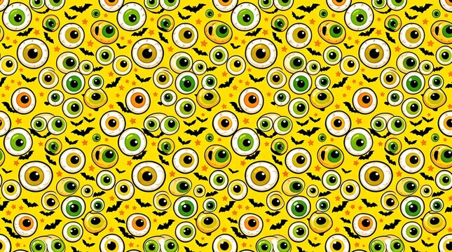 Seamless pattern with spooky eyeballs and bats on yellow background