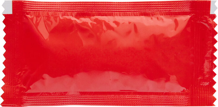 Blank red foil tomato ketchup sauce sachet package isolated on white background
