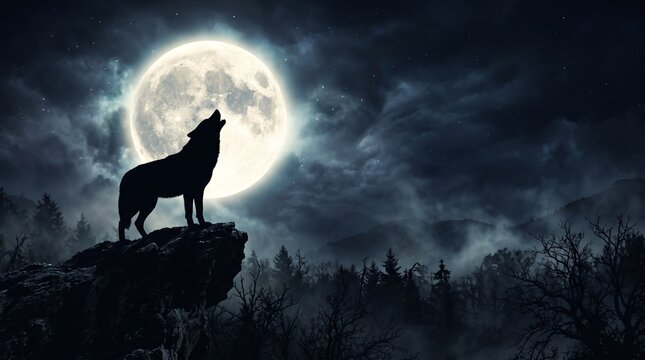 Dramatic wolf howling at a full moon from a rocky cliff, surrounded by a misty forest and dark starry sky, creating a mysterious and atmospheric Halloween scene.