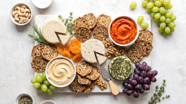 Vegan cheese board charcuterie platter with artisan seed crackers hummus red pepper dip grapes cashews walnuts and dried apricots overhead flat lay on marble background
