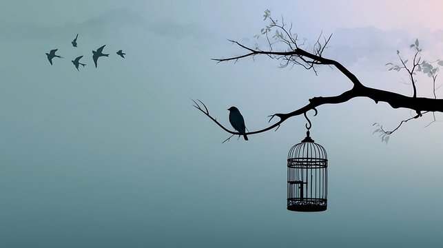 Silhouette of a bird in a cage hanging from a tree branch with flying birds in the background