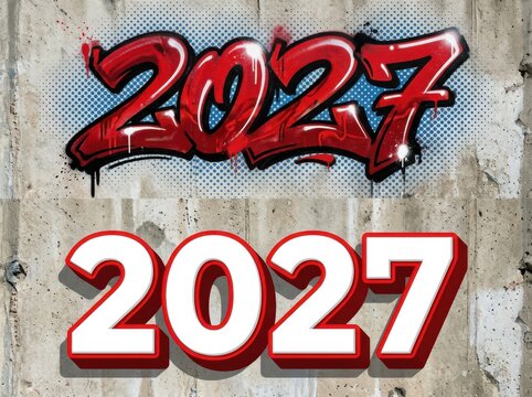 Two variations of the year 2027 on a concrete wall, one in red graffiti style and one in bold 3d white text