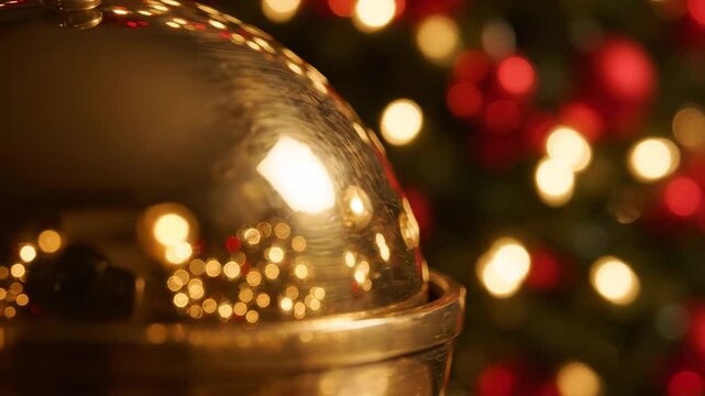 Shiny metal cloche lid reflecting warm christmas tree bokeh lights, festive holiday mood and celebration
