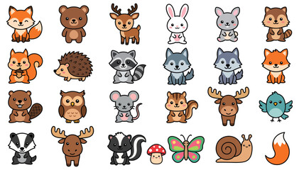 Fototapeta premium Set of cute woodland animals and forest creatures in a flat cartoon style for children design