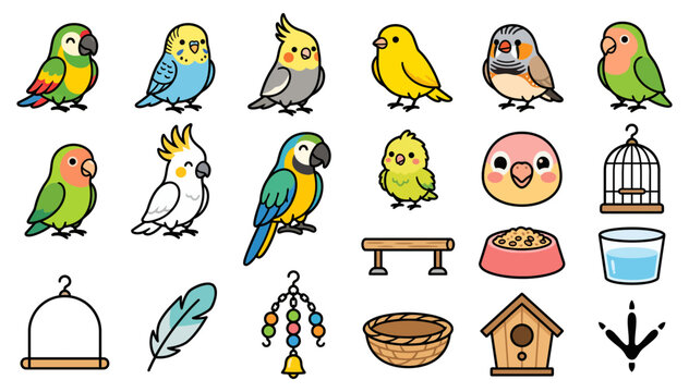 Set of cute cartoon pet birds with accessories including cages perches food and toys for bird lovers