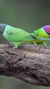 Plum headed parakeets perching on a weathered wooden branch in this cinematic wildlife video footage showing natural animal movement and colorful plumage in the wild environment
