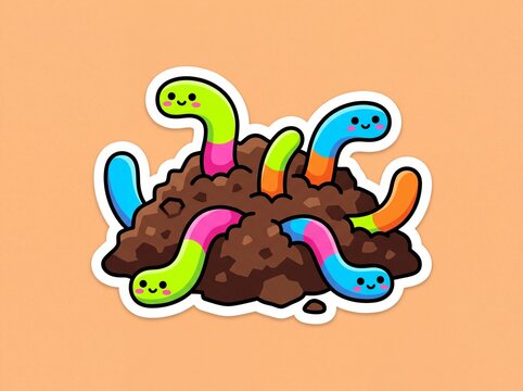 Colorful gummy worm candies emerging from mound of dirt with happy faces for fun halloween party treat decoration and sweet kid snacks