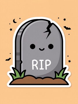 Adorable grey gravestone sticker with kawaii face and rip text on fresh grass for halloween graveyard party themes and children crafts