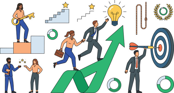 Business Growth and Success Concept Icon Set with Professionals Aiming at Target Climbing Career Stairs and Running up Growth Arrow for Corporate Strategy Designs