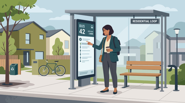Woman checks bus schedule at residential loop stop with digital display