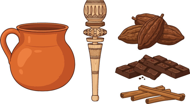 Traditional Mexican Hot Chocolate Vector Set with Clay Jarro Wooden Molinillo Whisk Cocoa Pods Dark Candy Bars and Cinnamon Sticks for Cafe Designs