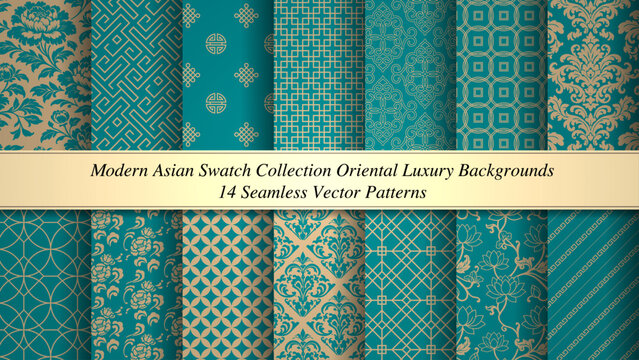 Elegant Peacock green & Gold Asian Pattern Set - Soft Oriental Luxury Seamless Backgrounds
