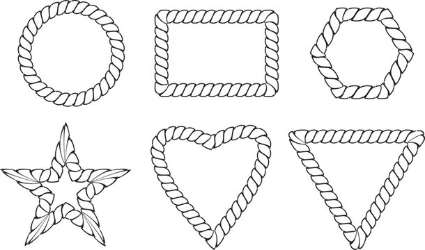 Rope frames and borders set in geometric shapes (circle, rectangle, hexagon, star, heart, triangle). Nautical lasso rope line art vectors isolated on a white background.