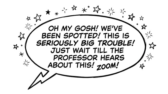 Comic book style speech bubble containing long anxious dialogue surrounded by decorative sparkling stars.