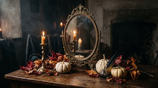 Dark academia gothic still life on rustic wooden table, ornate vintage gold oval vanity mirror, brass candlestick with burning candle, white heirloom pumpkins, red autumn leaves, black feather quill 