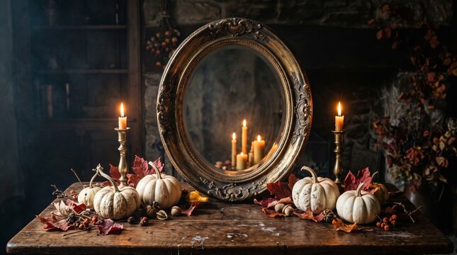 Dark academia still life on rustic wooden table, ornate antique gold oval mirror, white heirloom pumpkins, brass candlesticks with burning candles, autumn leaves, acorns, berries, moody stone fireplac