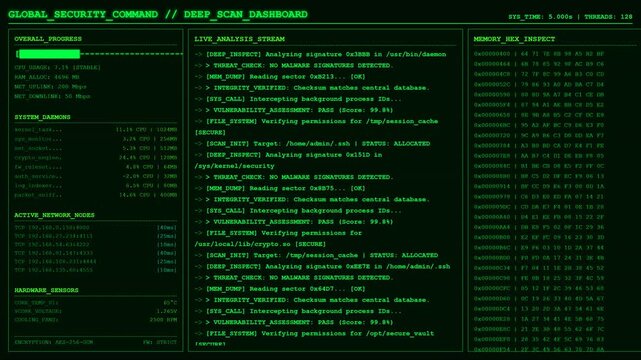 Global security command deep scan dashboard terminal screen.