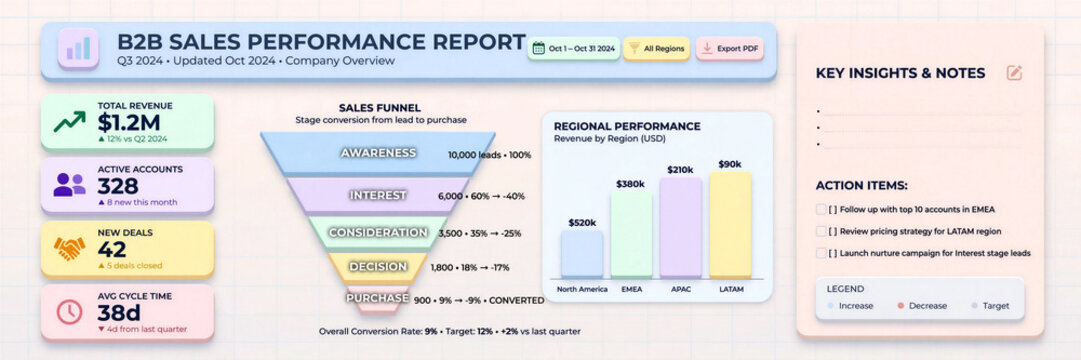 Clean isometric 3D B2B report dashboard with light mode pastel UI widgets and sales funnel graphs, top view