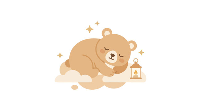 A cute brown bear sleeps peacefully on a soft cloud next to a lit lantern under twinkling stars in vector style.