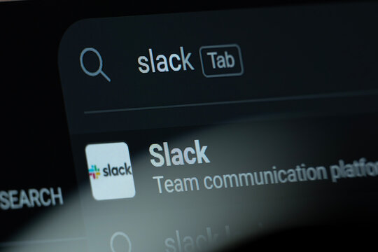 San Francisco, United States - 09 Aug 2026: Search result for Slack is seen on a digital screen.