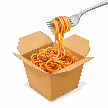 Spaghetti with Tomato Sauce in a Takeaway Paper Box