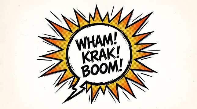 Comic sound effect bubble containing wham krak boom text inside an orange starburst frame.
