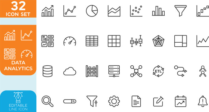 Data analysis line editable Vector illustration icon set. Data analytics icons for web and mobile app. Graphs, traffic analysis, data processing, research network collection, statistics, analytics.