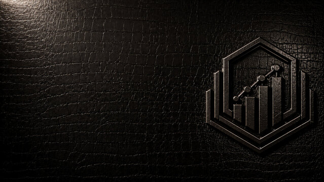 Luxury dark crocodile leather background with 3D embossed data analysis emblem, bar chart logo symbol, and copy space. 
