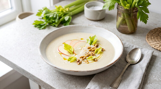 Creamy celeriac celery root soup topped with sliced red apples toasted walnuts and fresh celery leaves served in ceramic bowl with silver spoon on rustic stone countertop
