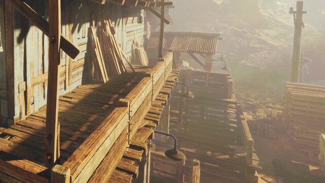 Wooden structures stand on stilts under a bright sky. The sun sets behind the scene, casting shadows on the ground. Nearby is a rugged landscape with scattered rocks.