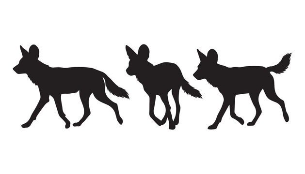 black color silhouette set of three African wild dog vector illustration, solid white background