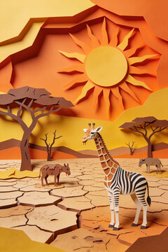 Hybrid giraffe and zebra creature standing in a dry arid desert landscape scene