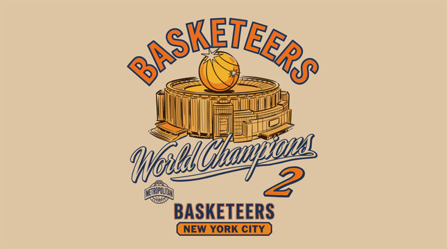 Vintage basketball arena sports graphic. Retro world champion championship apparel design. Classic street wear style basketball stadium print. College sports team vector illustration.
