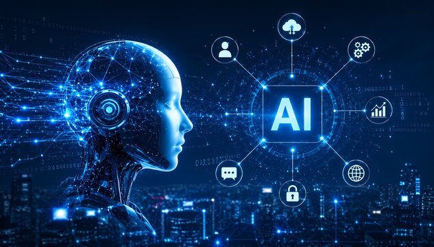 Futuristic Artificial Intelligence Robot and Digital Network Technology Concept