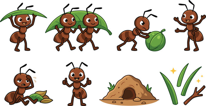 Cute Cartoon Ant Characters Set with Hardworking Little Ants Carrying Leaves, Food, Rolling Berries, and Anthill Icons for Nature Vector Graphic Designs
