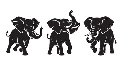 black color silhouette set of three Angry elephant vector illustration, solid white background © Potato