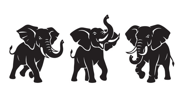 black color silhouette set of three Angry elephant vector illustration, solid white background