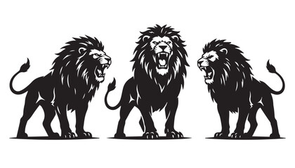black color silhouette set of three Angry lion vector illustration, solid white background © Potato