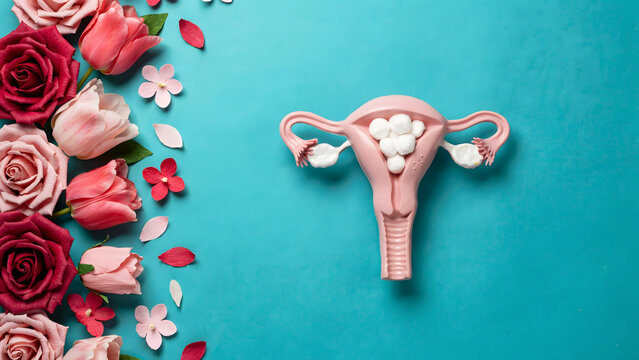 Model of human female reproductive system with flowers on blue background