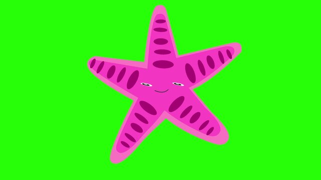 A smiling 2D animated starfish with purple patterns, floating isolated  against 4K stock animation video on a green screen background for chroma key background for video editing.