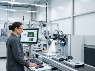 Fototapeta premium Female industrial technician wearing safety glasses and grey uniform operating a computer workstation to monitor automated inspection equipment on a production line in a modern factory.