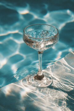 concept of summer relaxation. Poolside. Clear glass cocktail glass filled with water floating on turquoise pool surface, sunlight reflections creating patterns