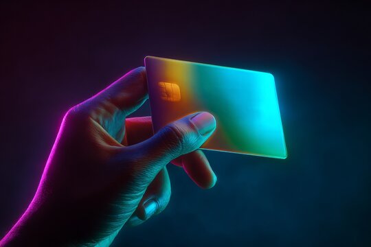 concept of fintech freedom and new generation banking. Hand holding a colorful credit card against a dark background with soft lighting and gradient effects
